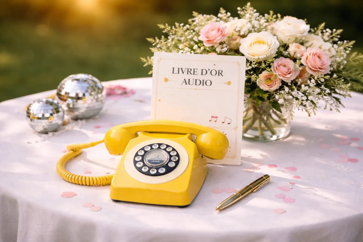Livre d’or audio jaune avec téléphone vintage prêt à être utilisé lors d’un événement