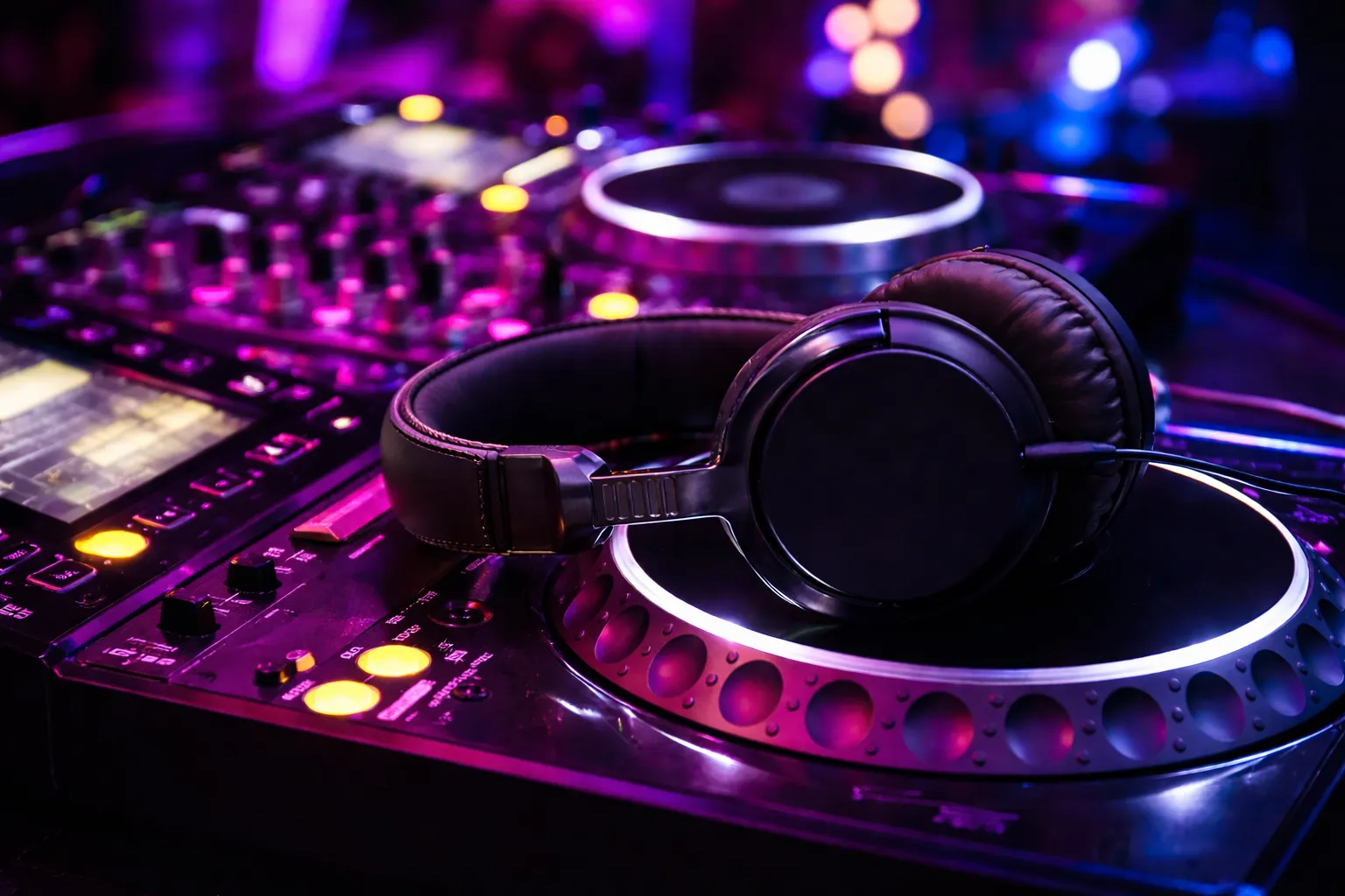 Casque audio sur équipement DJ lumineux.