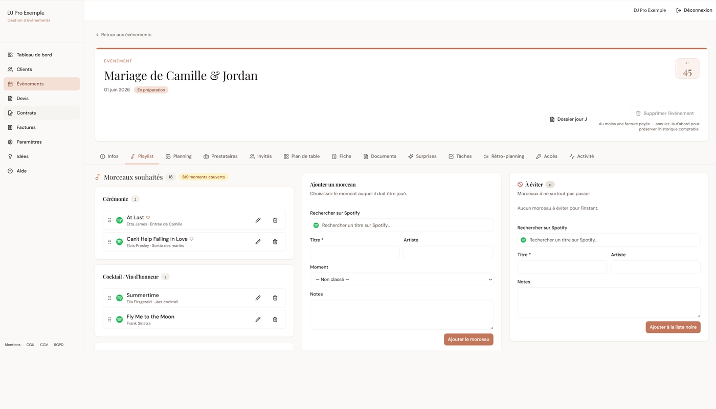 Gestion de playlist avec import Spotify et pochettes d'albums dans Ls Events