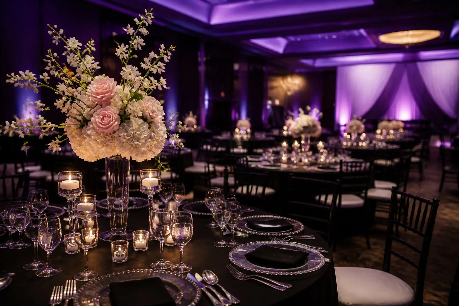 Ambiance et éclairage créés par un DJ lors d'un dîner de mariage