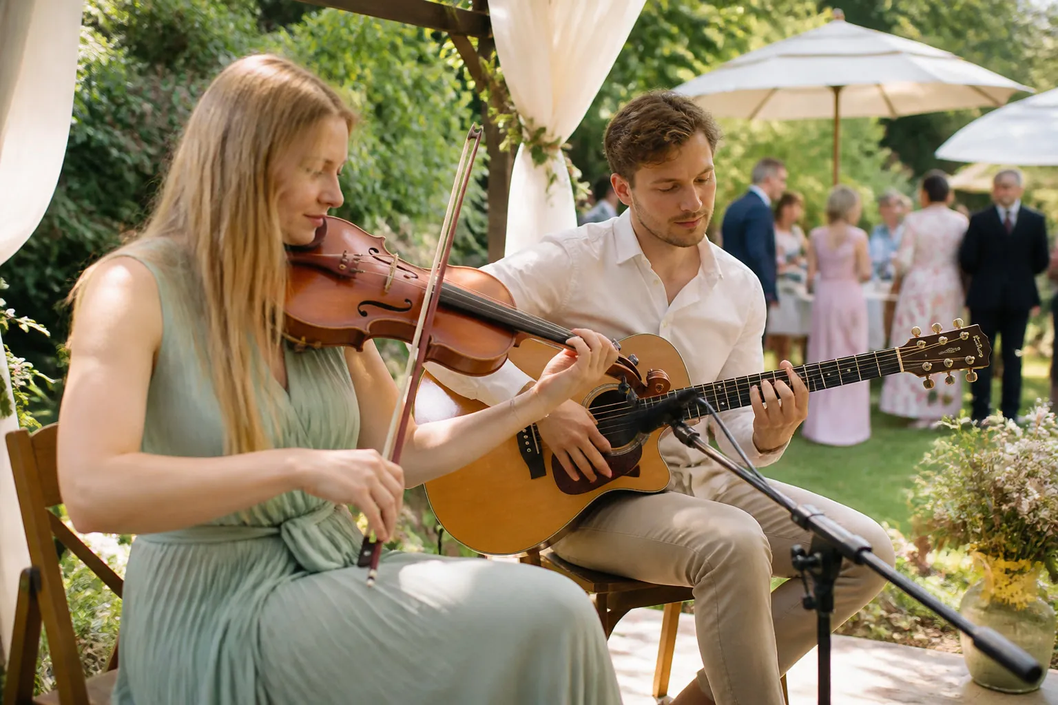 Duo acoustique en live lors d'un cocktail de mariage en extérieur