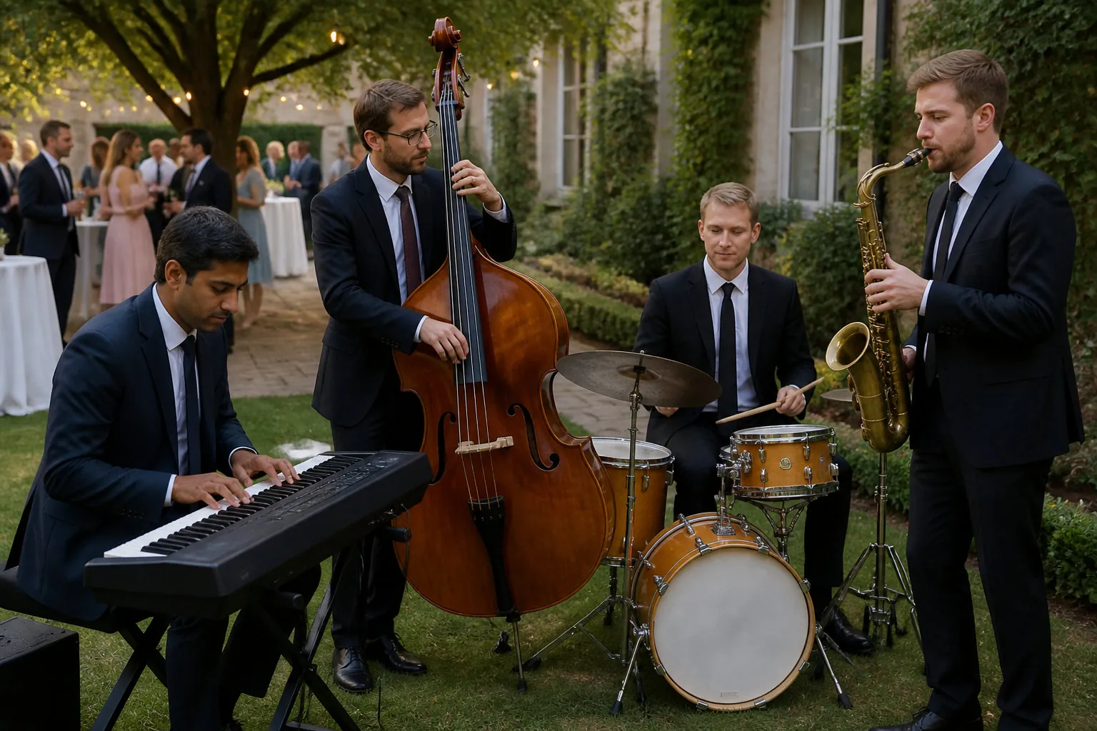 Quartet de jazz en extérieur pendant le vin d'honneur d'un mariage