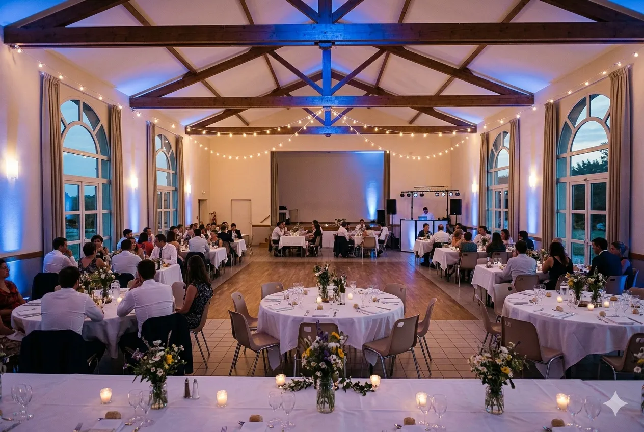 Salle de réception éclairée pour un dîner de mariage