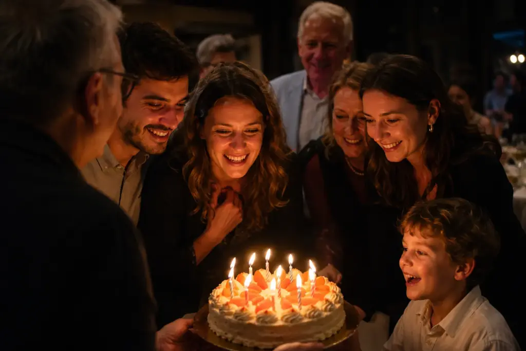 anniversaire-gateau-ls-evenements Gâteau d'anniversaire présenté aux invités lors d'une soirée animée