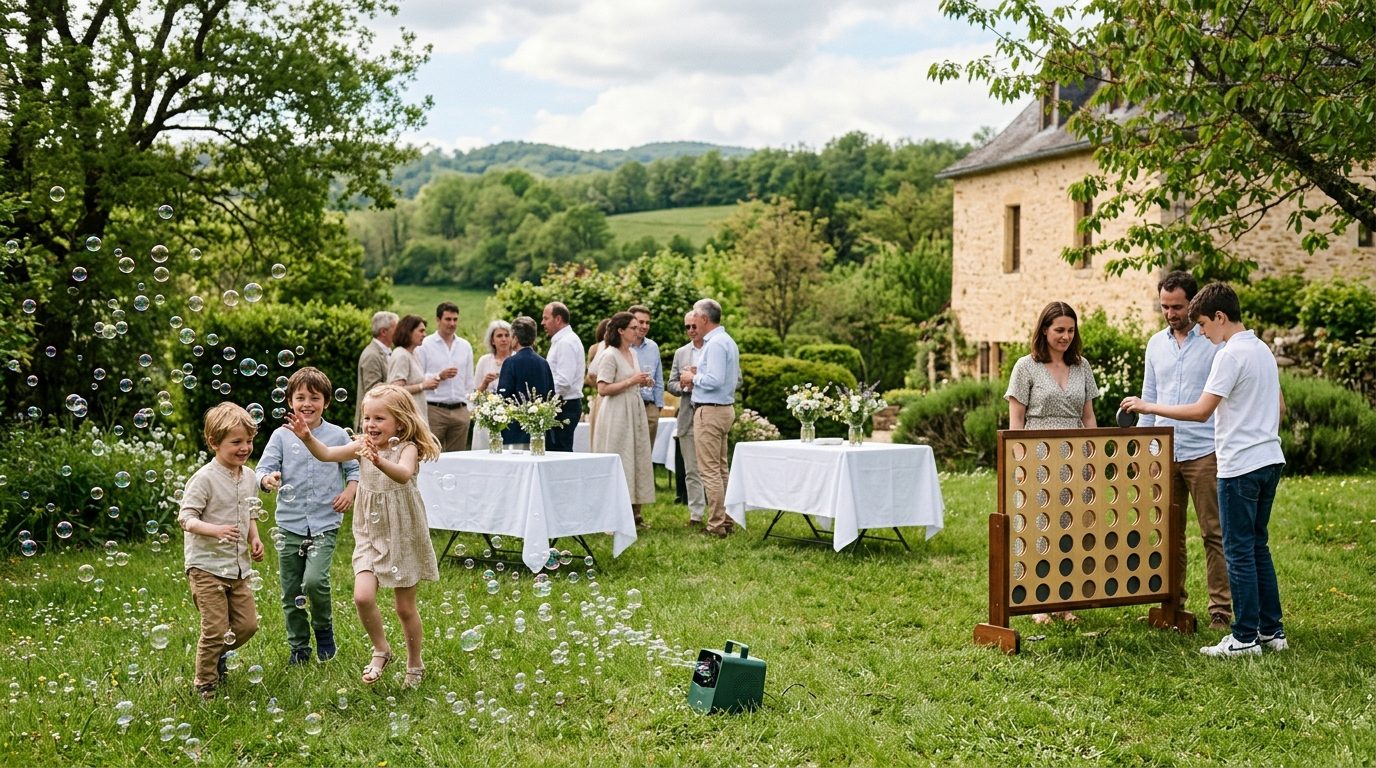 Enfants jouant dans les bulles et puissance 4 géant lors d’un baptême en jardin dans les Hautes-Pyrénées