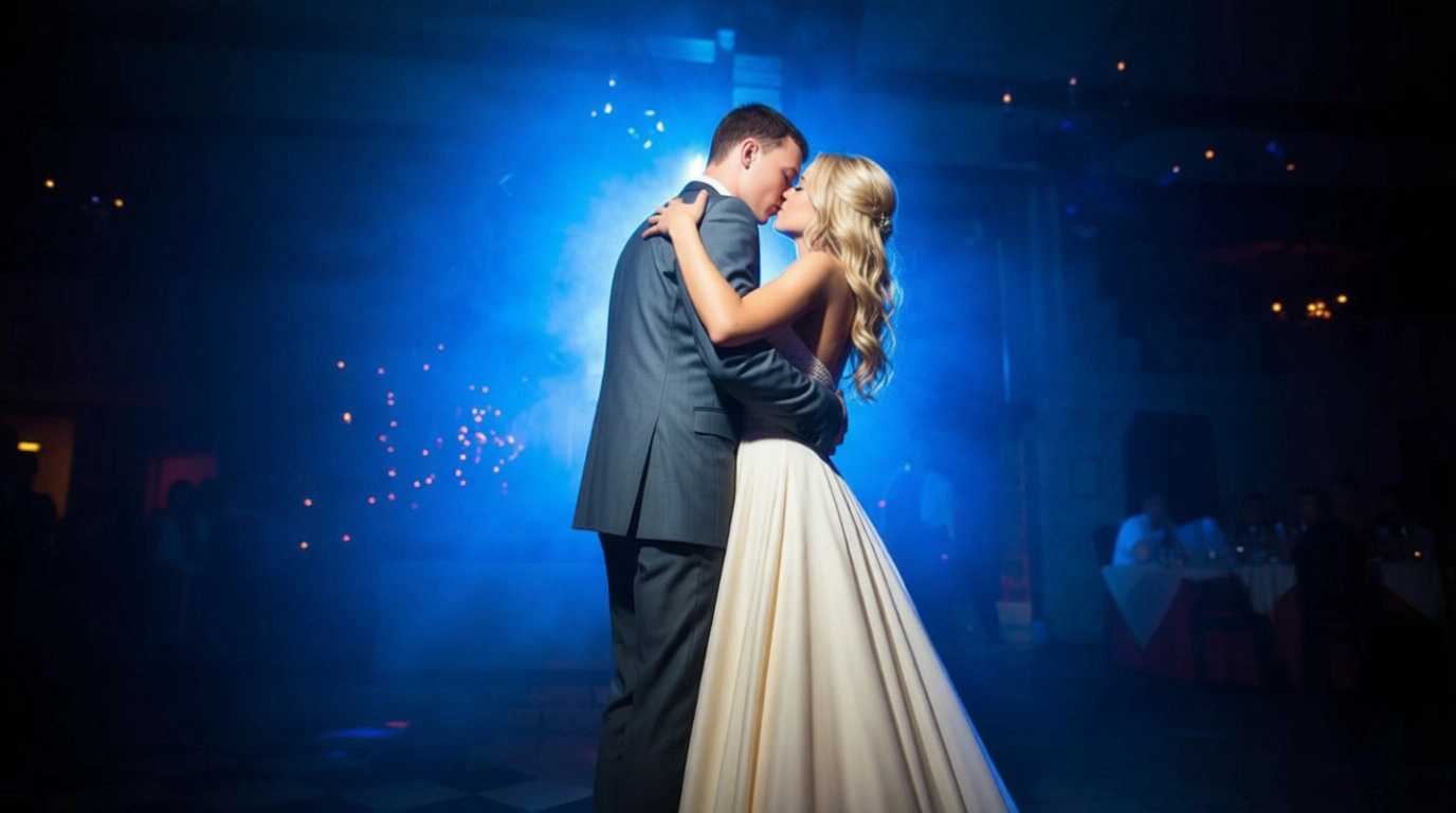 Couple dansant leur ouverture de bal de mariage sous un éclairage romantique
