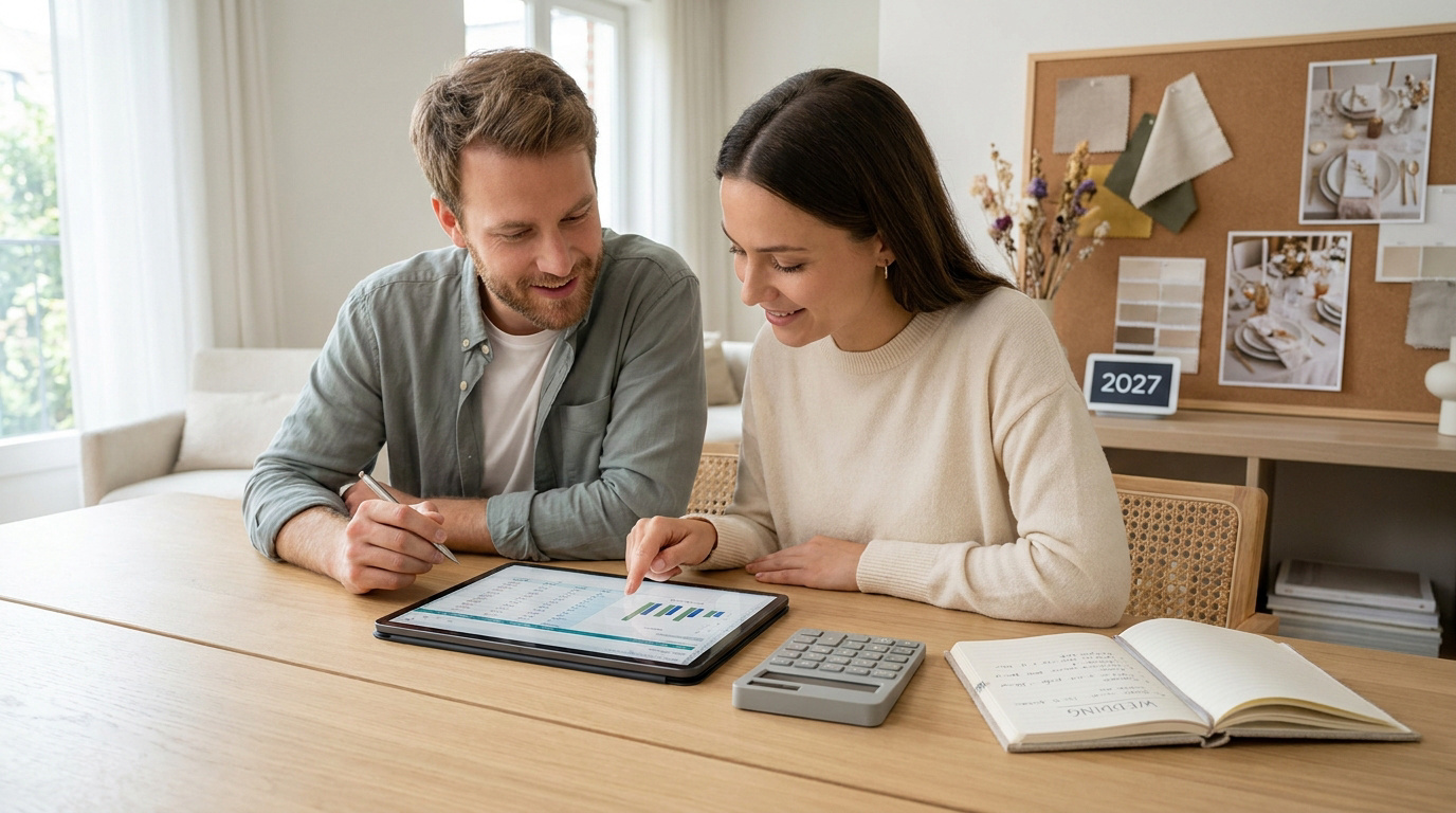 Couple calculant son budget mariage pour 100 personnes, tablette et carnet de comptes