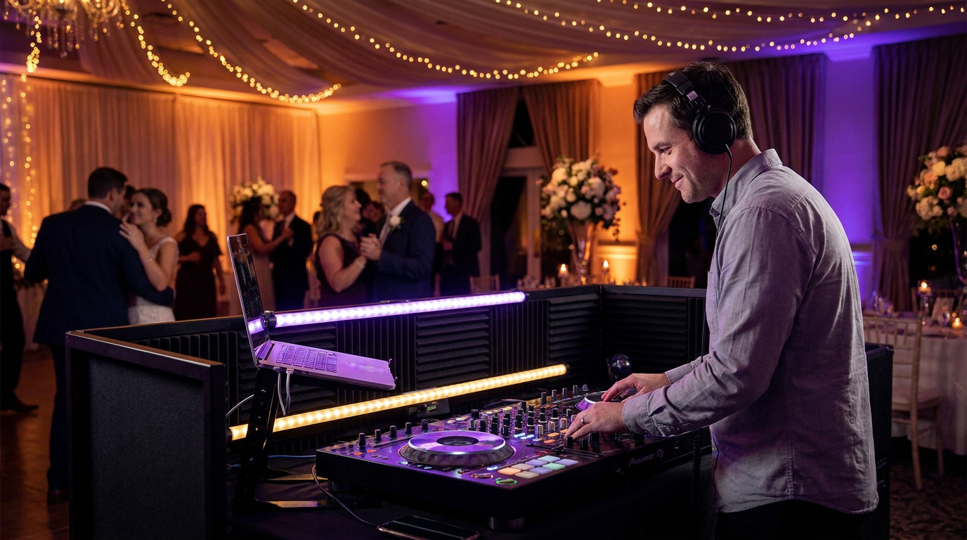 DJ professionnel souriant mixant de la musique sur une console Pioneer lors d'une réception de mariage animée.