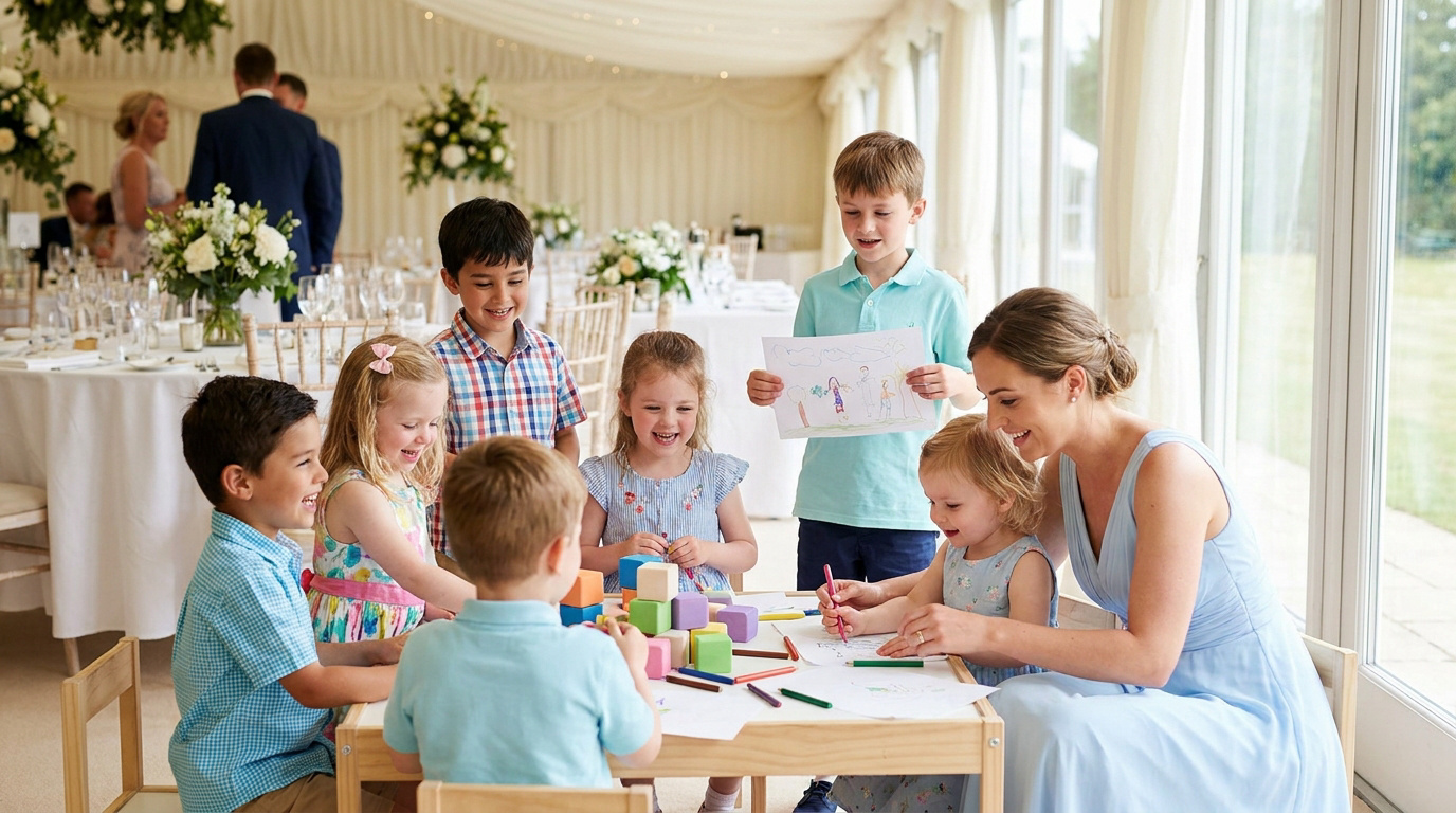 Une nounou aide un groupe d'enfants à dessiner et jouer avec des cubes dans un espace dédié lors d'un mariage.