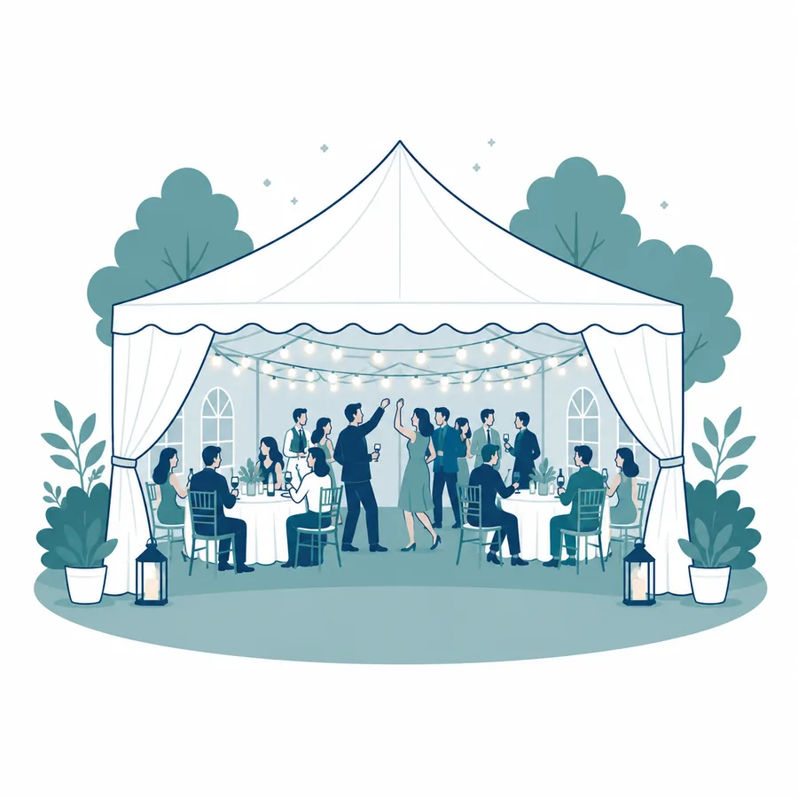 Illustration : invités réunis sous un chapiteau 12×6 m en réception
