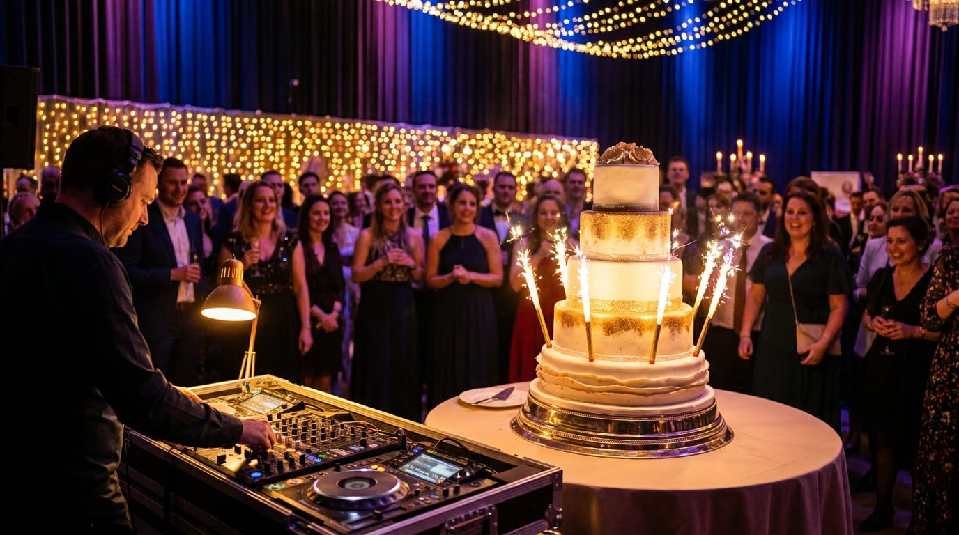 DJ mixant de la musique devant un gâteau de mariage à étages étincelant avec des fontaines lumineuses.