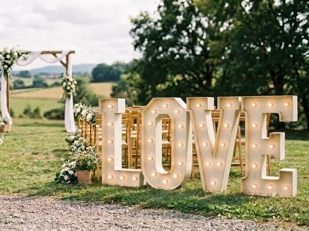 Lettres géantes LOVE installées à l’entrée d’une cérémonie de mariage