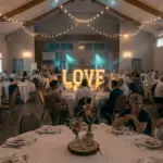 Lettres géantes lumineuses LOVE dans une salle de réception de mariage