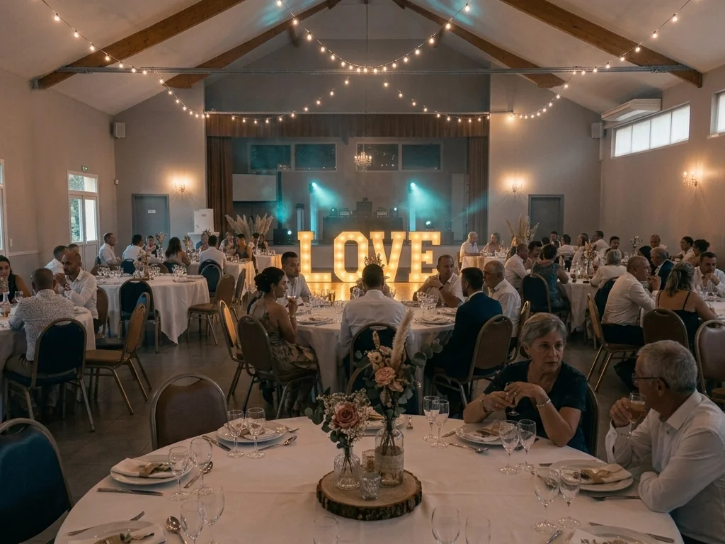 Lettres LOVE éclairant une salle de réception de mariage