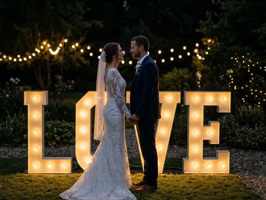 Couple de mariés posant devant les lettres géantes LOVE