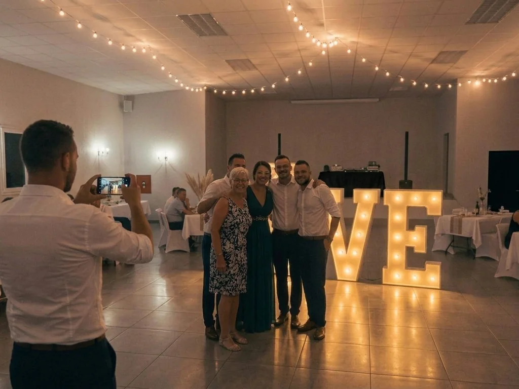 Invités photographiés devant les lettres géantes LOVE lors d’un mariage