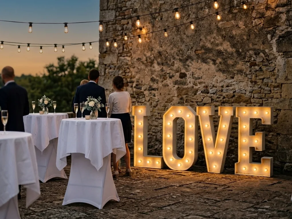 Lettres LOVE lumineuses pendant le vin d’honneur d’un mariage