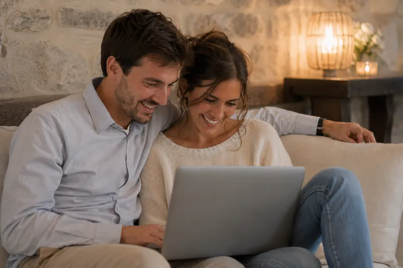 Couple qui réécoute les messages de son livre d’or audio après le mariage