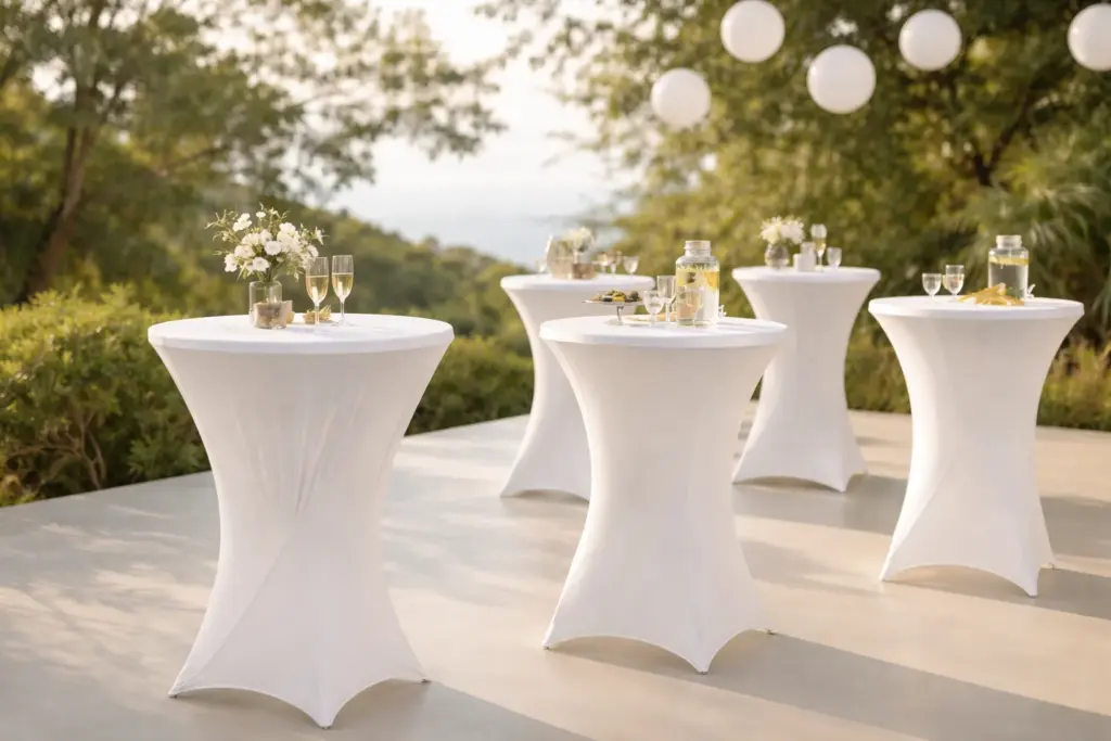 Mange-debout avec housses pour un vin d’honneur, un poste modeste dans un budget mariage 100 personnes