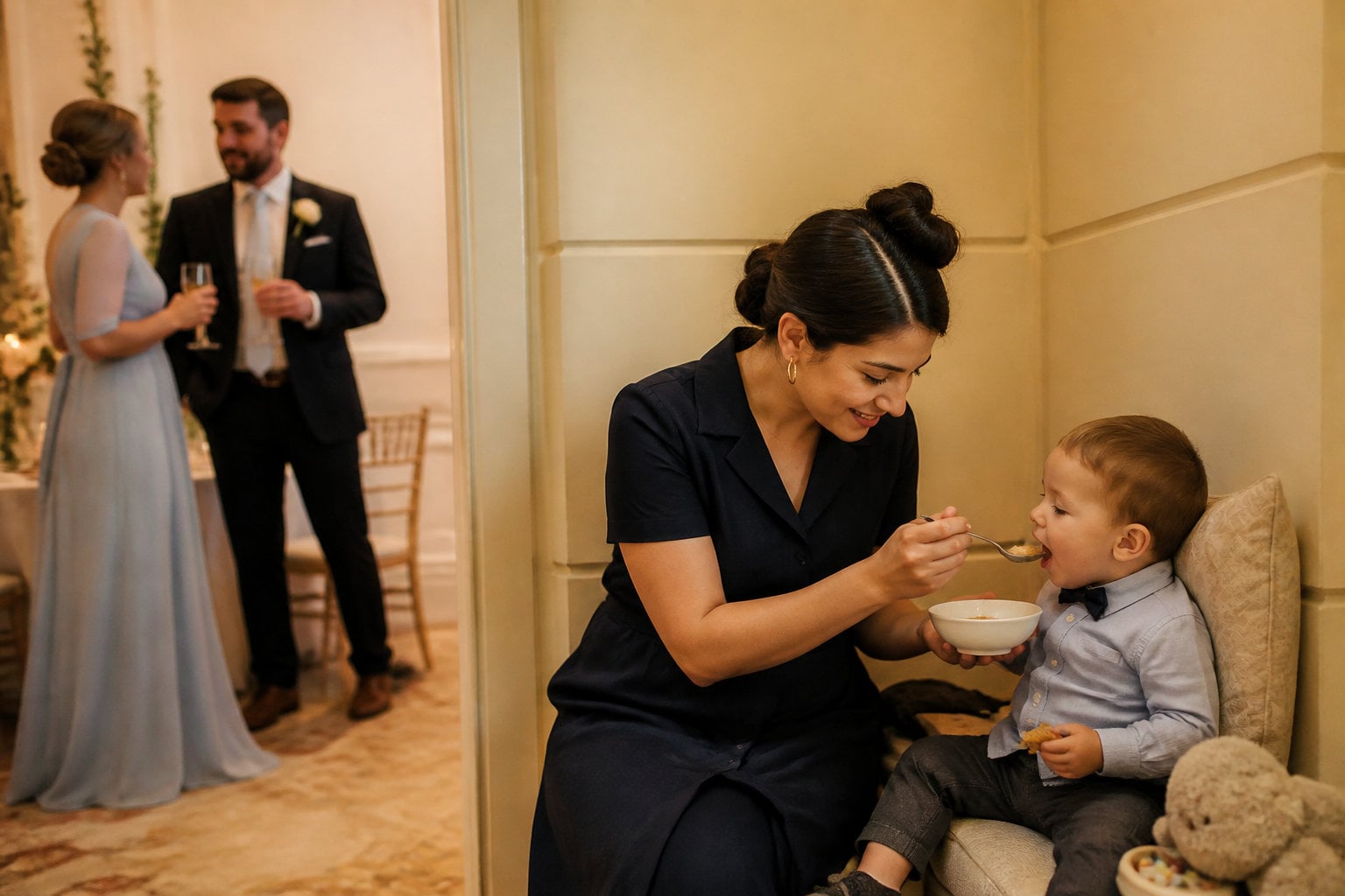 Nounou assurant la garde d'enfants au mariage auprès d'un tout-petit