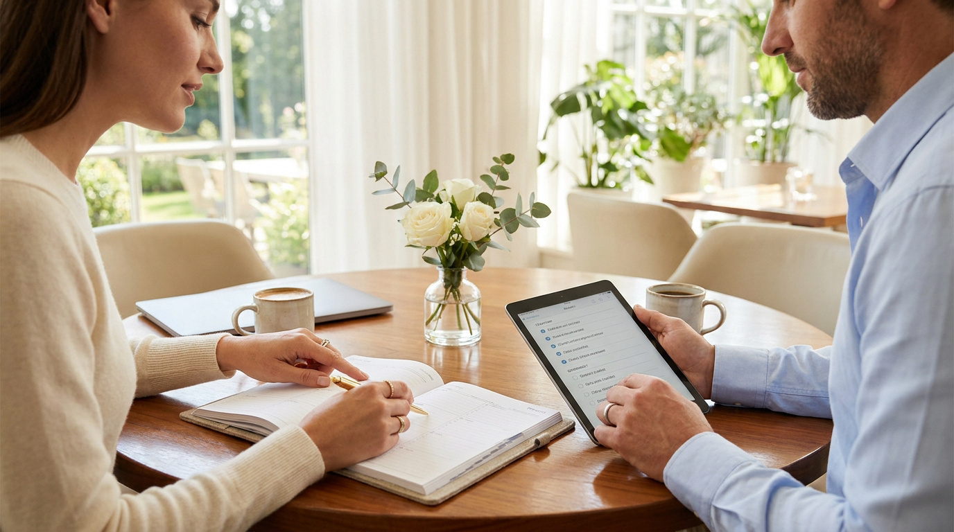 Un couple assis à une table en bois planifie son mariage avec un carnet et une tablette numérique.