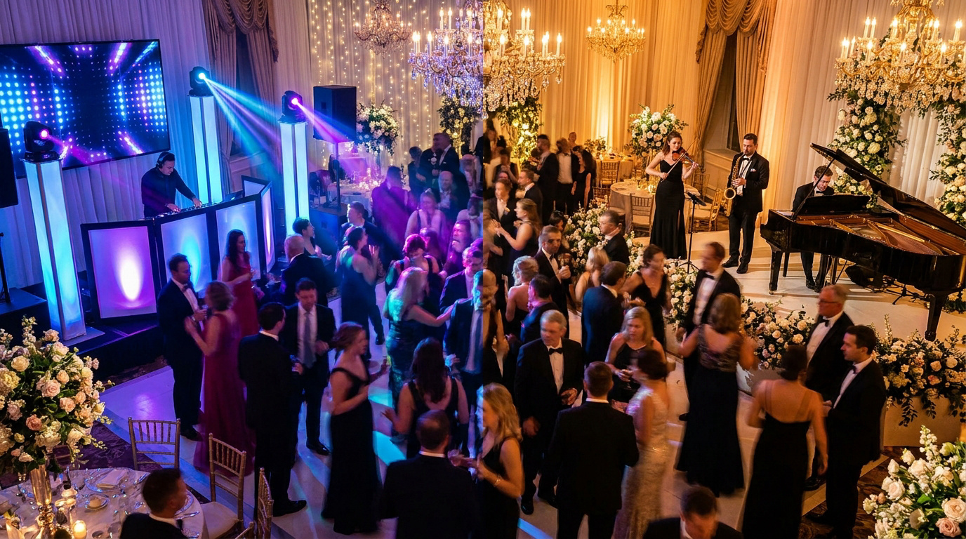 Montage comparatif d'une réception de mariage avec un DJ et piste de danse à gauche, et un orchestre classique à droite.