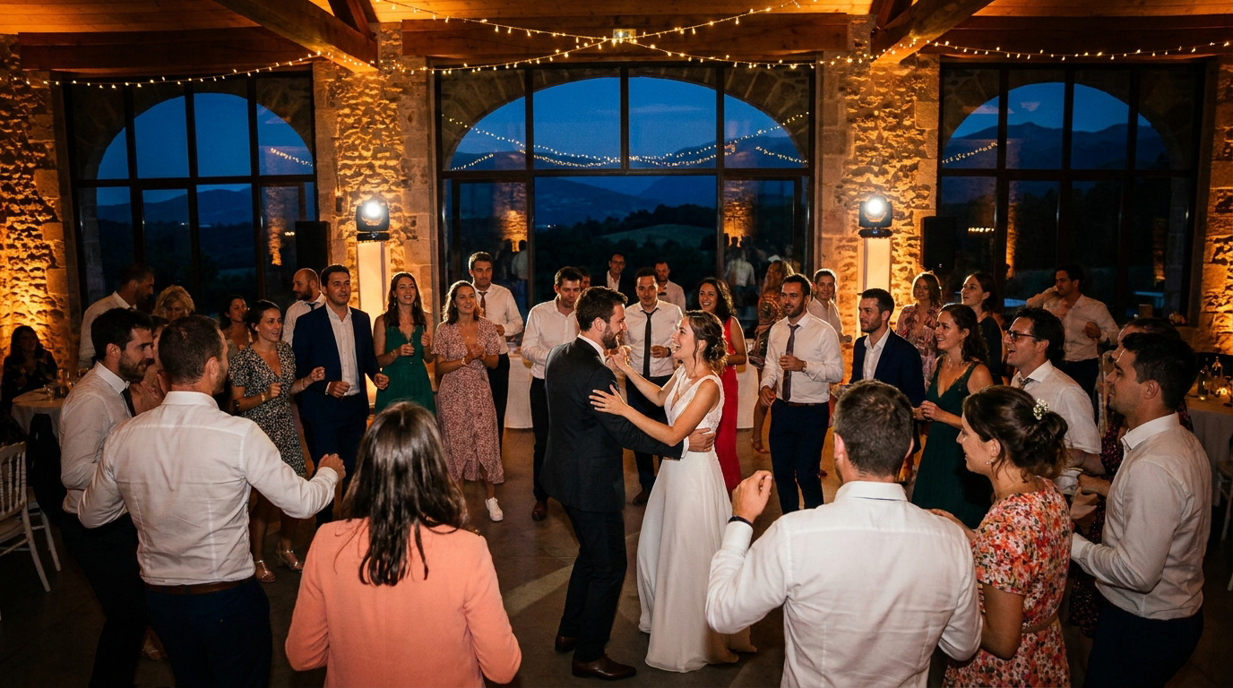 Piste de danse et invités lors d’une soirée de mariage animée dans les Hautes-Pyrénées