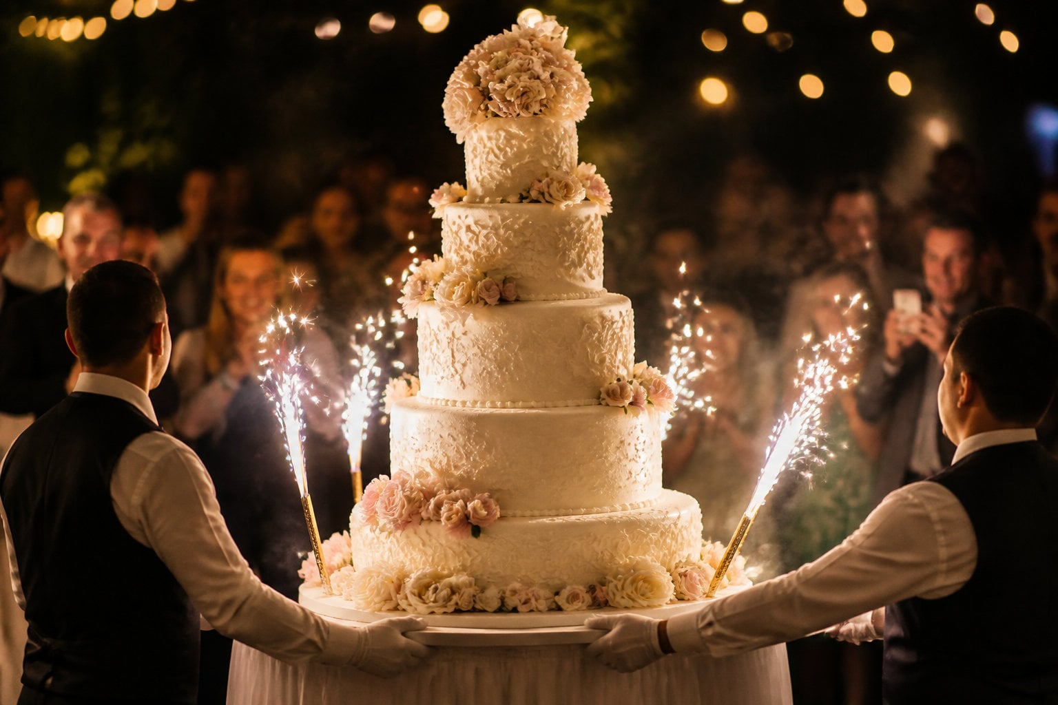 Arrivée du gâteau de mariage illuminée par des étincelles froides